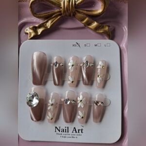 Chic Floral Press-On Nails with Rhinestones Size XS Extra Small